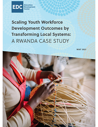 Photo of a publication cover page: "Scaling Youth Workforce Development Outcomes by Transforming Local Systems: A Rwanda Case Study", along with a "Download" button