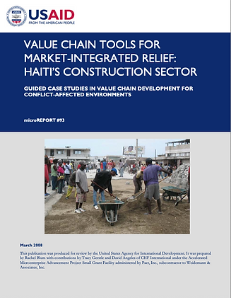 Photo of a publication cover page: "Value Chain Tools for Market-Integrated Relief: Haiti's Construction Sector", along with a "Download" button