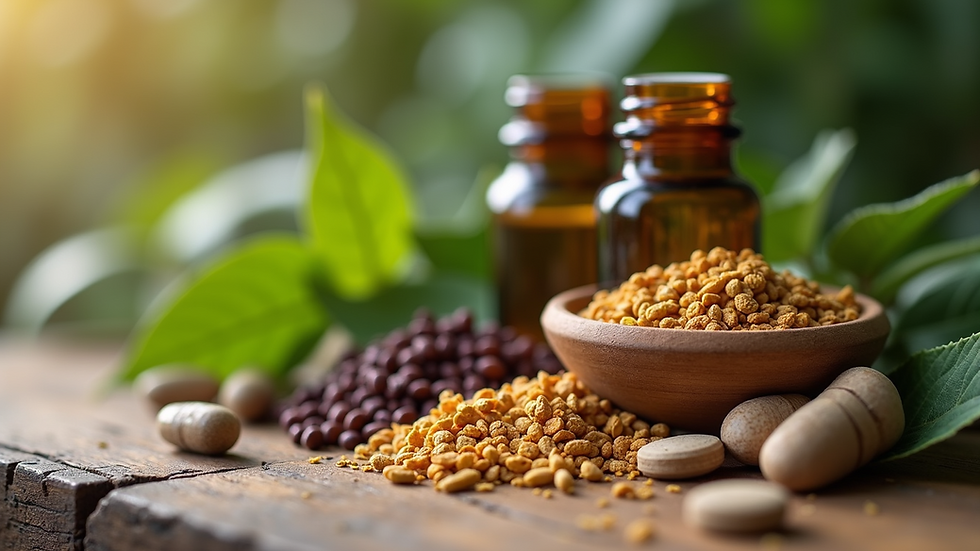 Close-up view of herbal medicine ingredients arranged on a wooden table