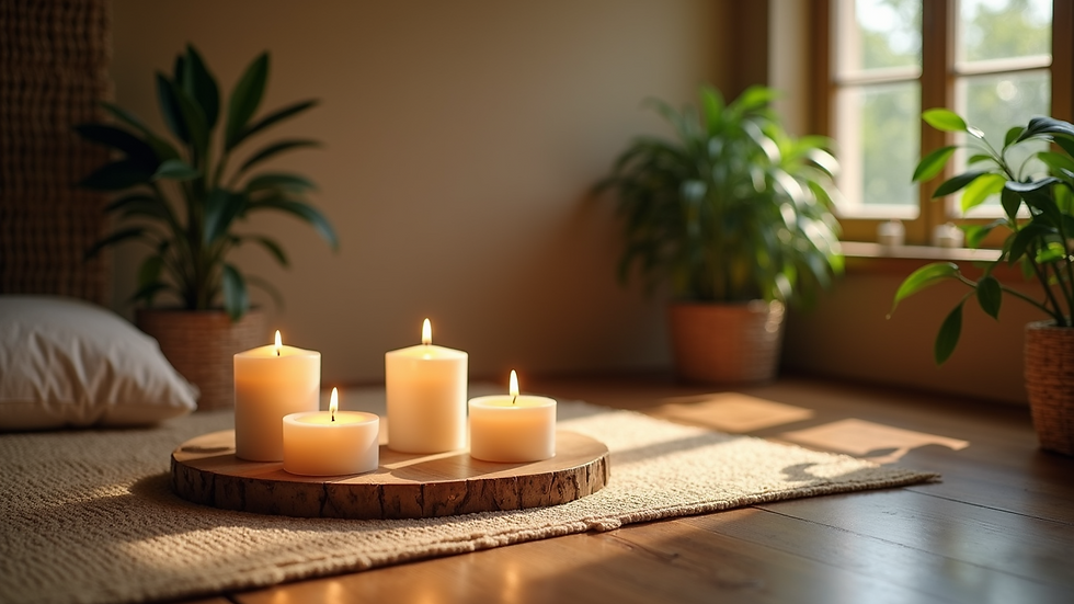High angle view of a peaceful Ayurvedic meditation space with candles and plants