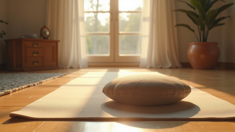 Eye-level view of a peaceful morning scene with yoga mat and meditation cushion