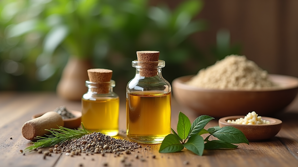 Eye-level view of Ayurvedic herbs and natural oils arranged on a wooden table