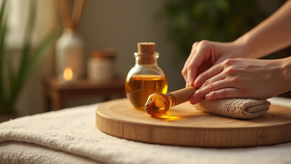 Close-up view of Ayurvedic treatment with herbal oils and massage tools