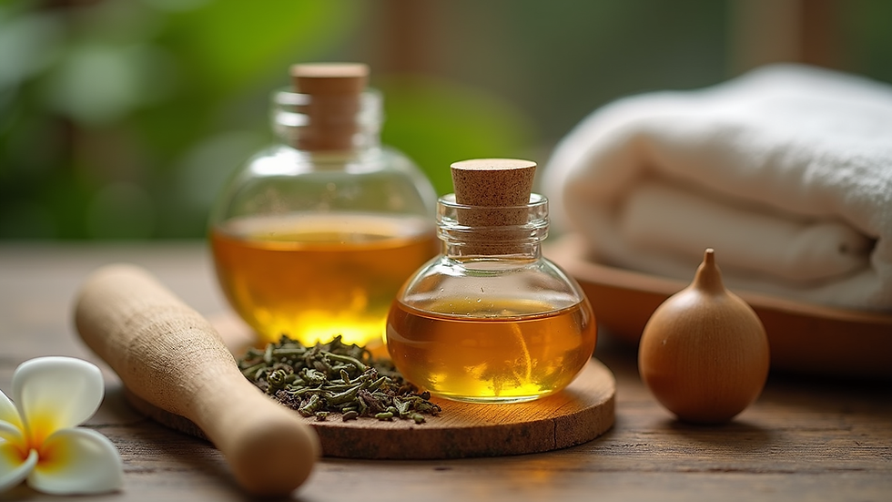 Close-up view of herbal oils and Ayurvedic massage tools