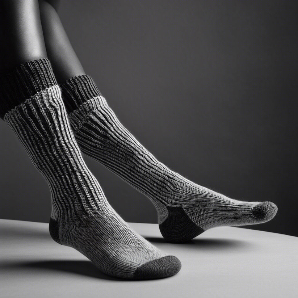 a close up black and white photo of K2,P2 rib handknit socks.jpg