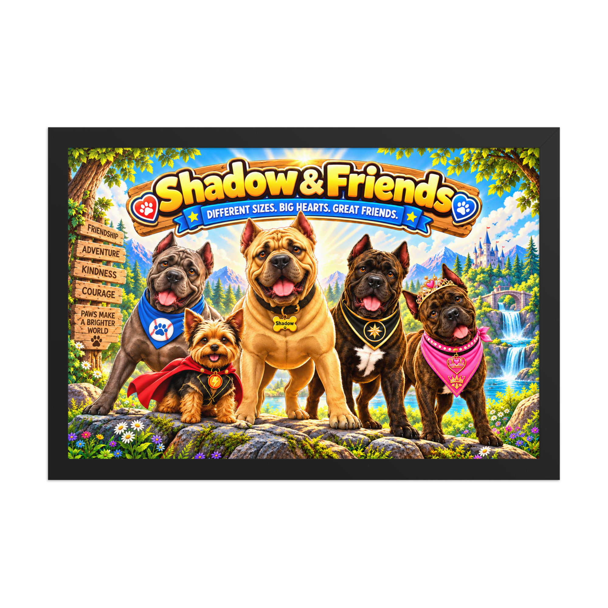 Shadow & Friends Adventure Framed Poster | Colorful Dog Wall Art