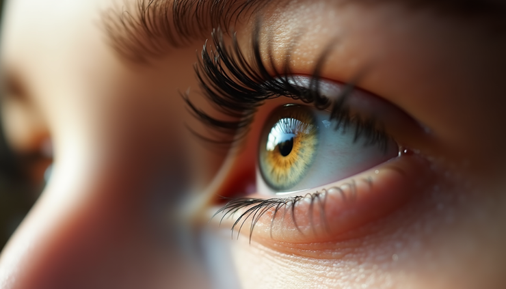 Close-up view of a single eye with long, curled lash extensions