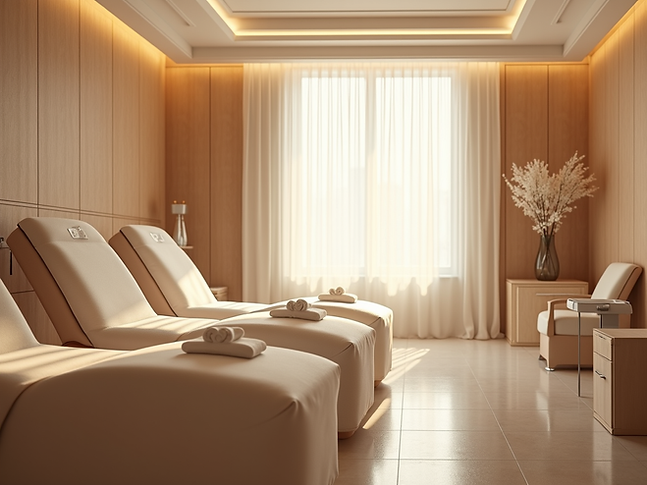 A serene spa room with soft lighting, featuring elegant treatment chairs and subtle decor,