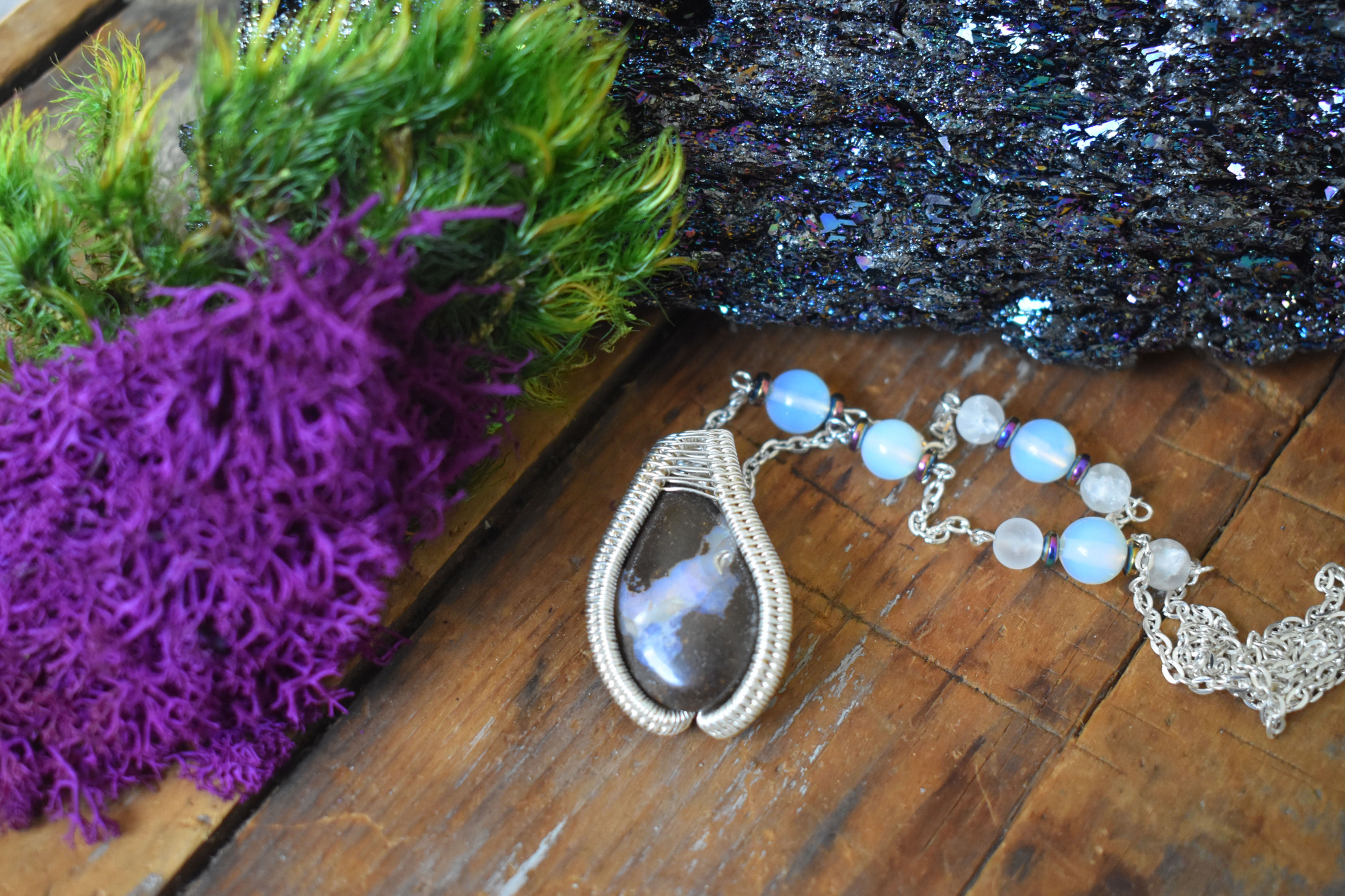 Boulder Opal Necklace with an Opalite and Rainbow Hematite Chain