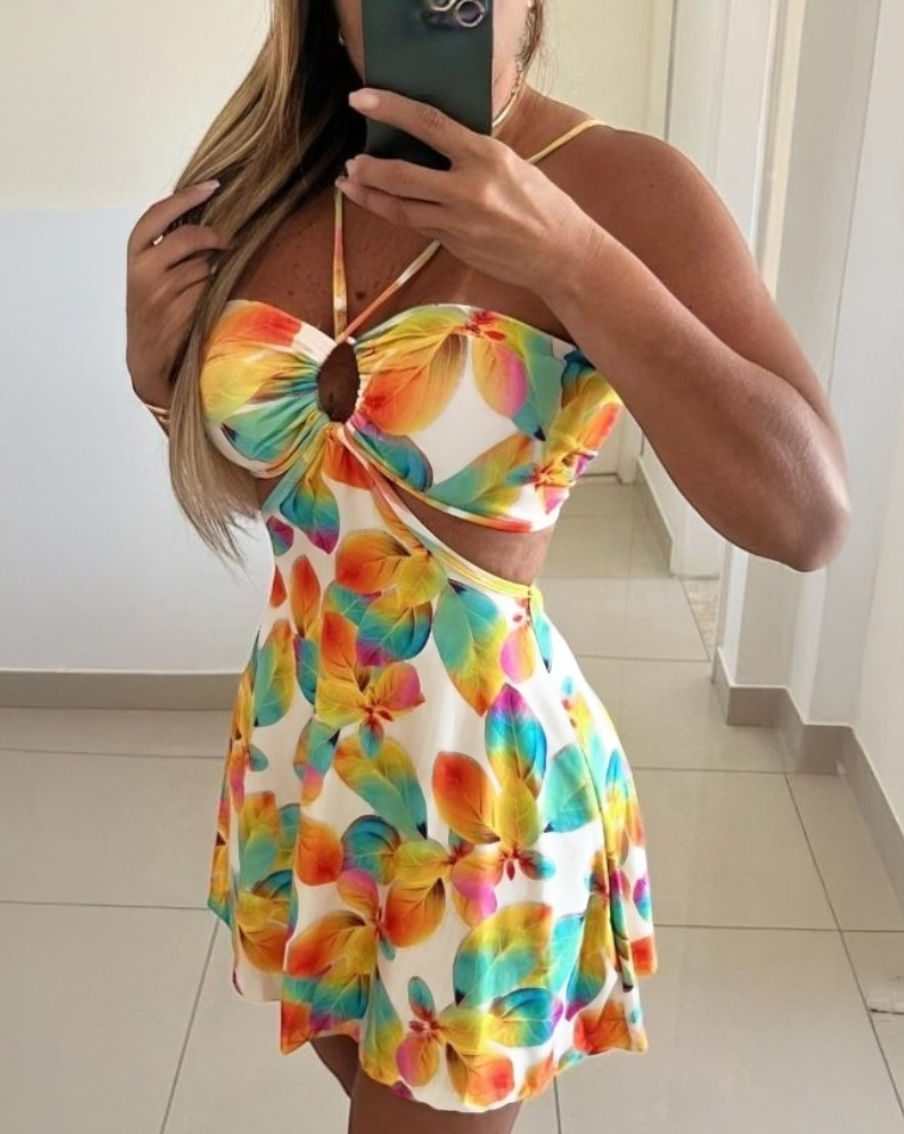 Thumbnail: Bloomelle™ Floral Halter Mini Dress — Elegant Backless Summer Dress with Shirred