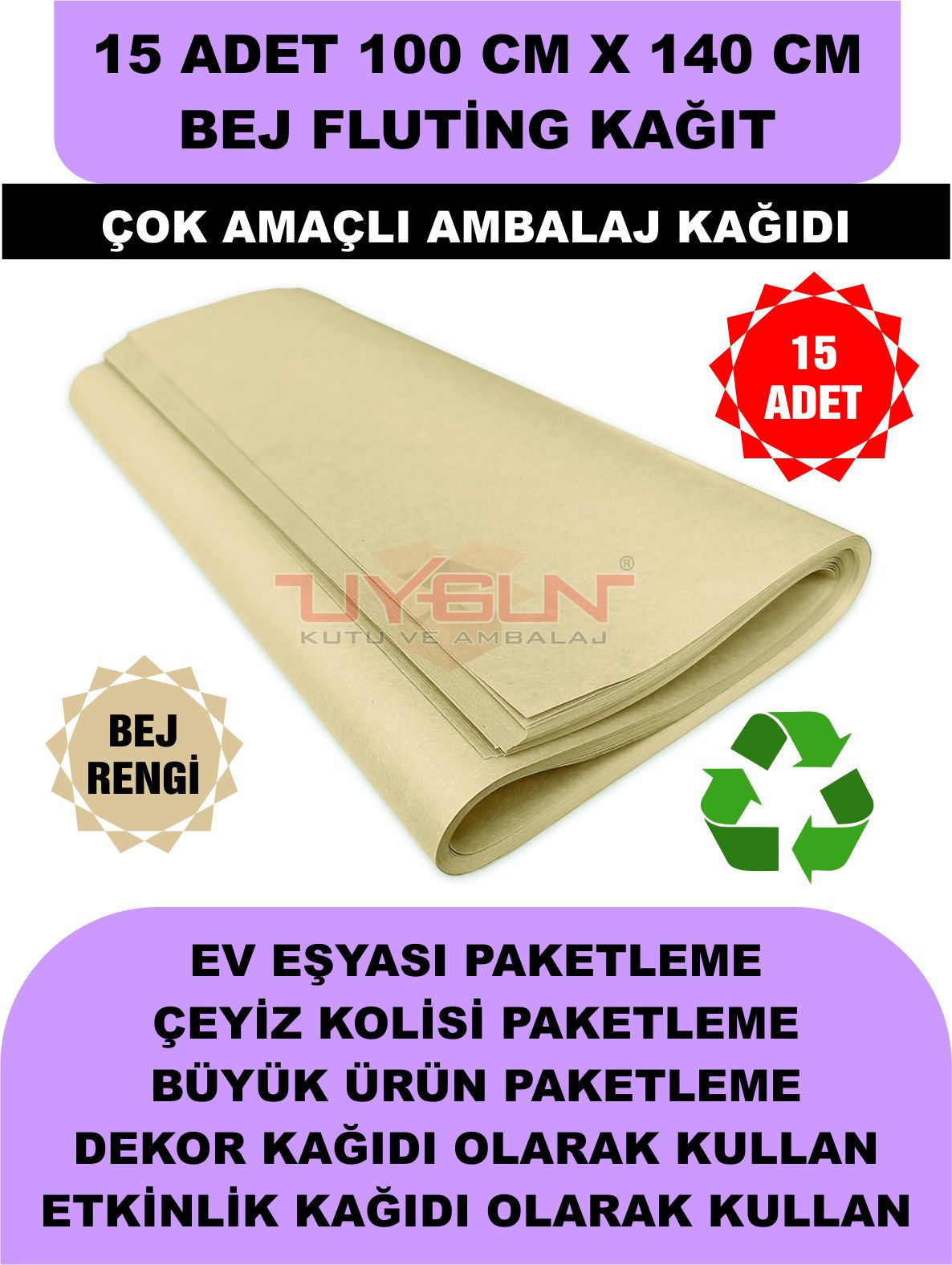 15 Adet 100cm x 140cm 100 Gr. Fluting Bej Kağıt, Hediye, Ürün Paketleme Kağıdı