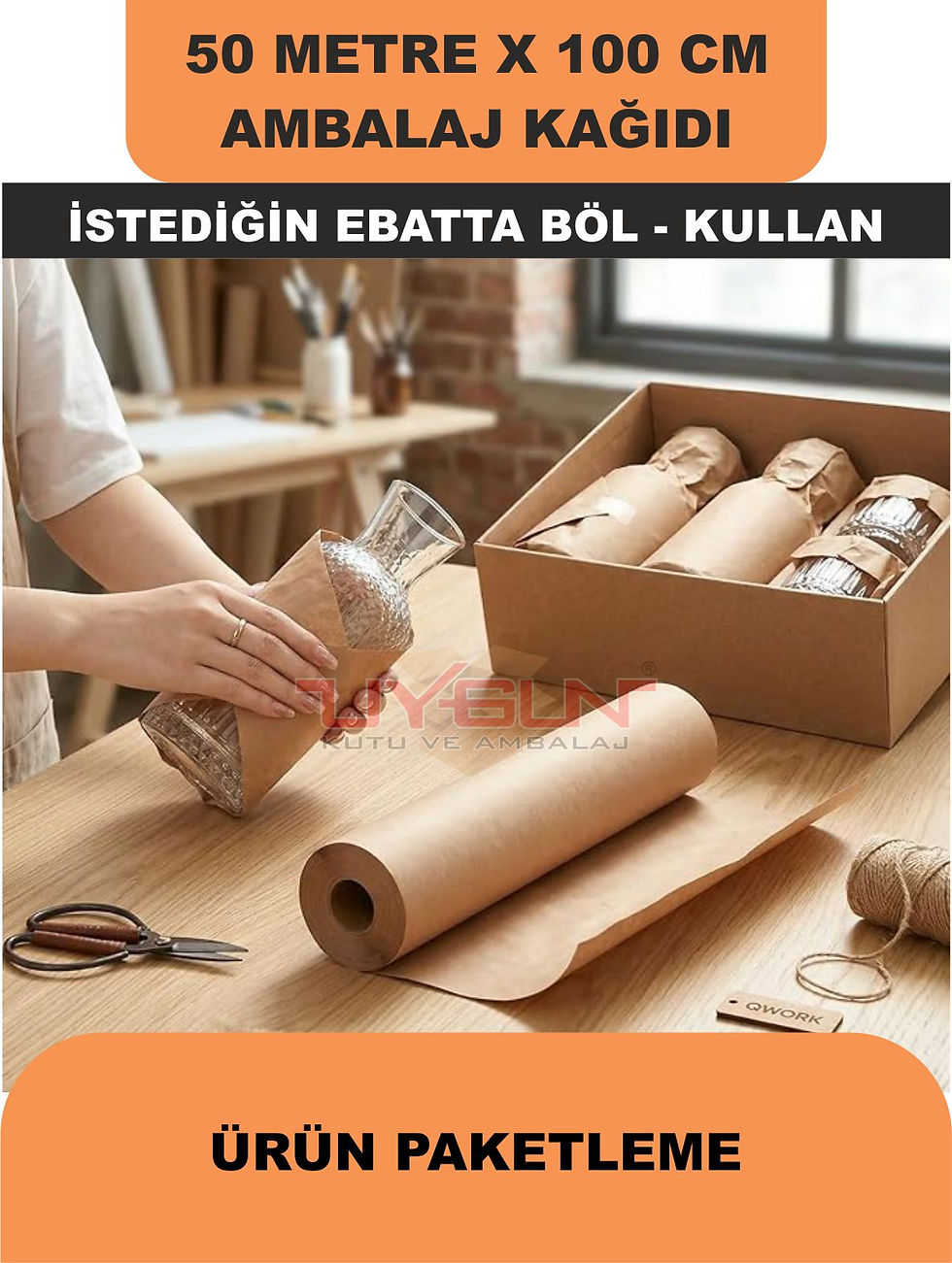 Küçük resim: 100Cm x 50 Metre Bobin Rulo Kraft Rengi, Ev Eşyası, Çeyiz, Hediye Ambalaj Kağıdı