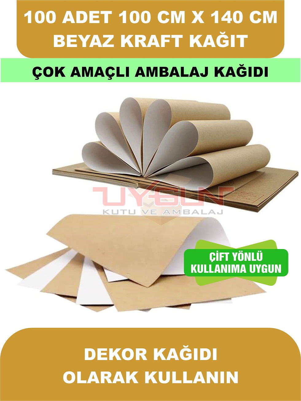 Küçük resim: 100 Adet 100cm x 140cm 120 Gr. Beyaz-Kraft, Çift Yönlü Çeyiz Paket Kağıdı