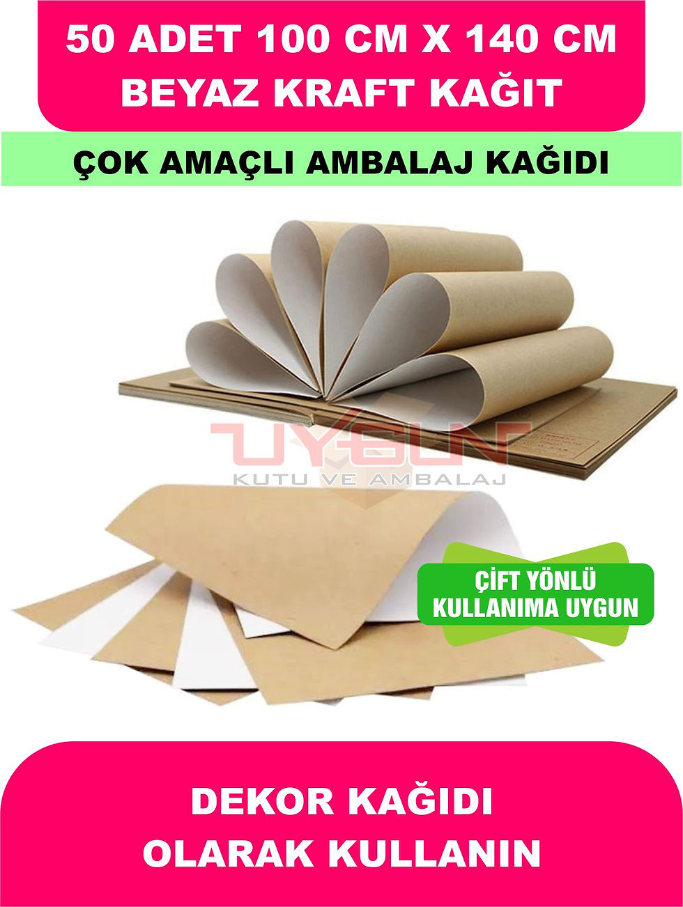 Küçük resim: 50 Adet 100cm x 140cm 120 Gr. Beyaz-Kraft, Çift Yönlü Çeyiz Paket Kağıdı