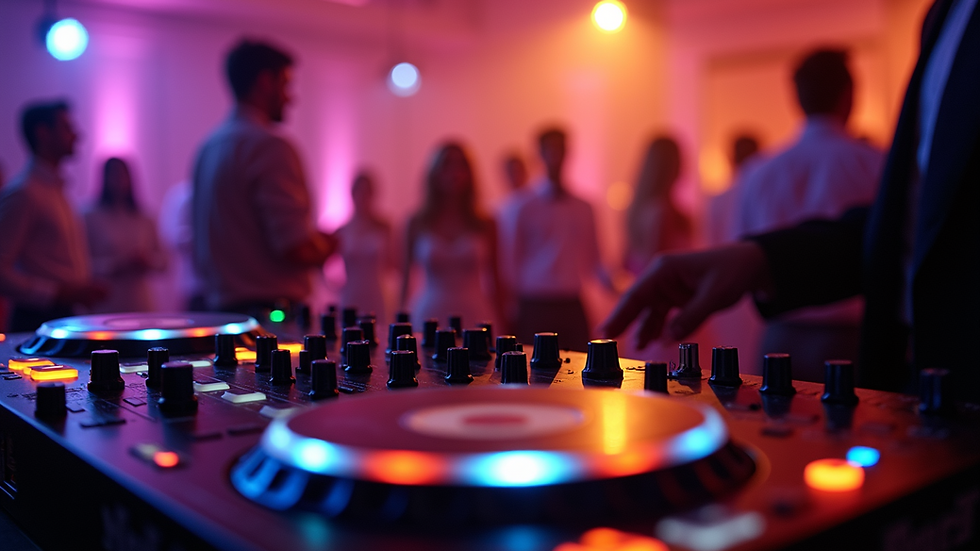 Eye-level view of DJ booth with professional sound equipment at a wedding reception