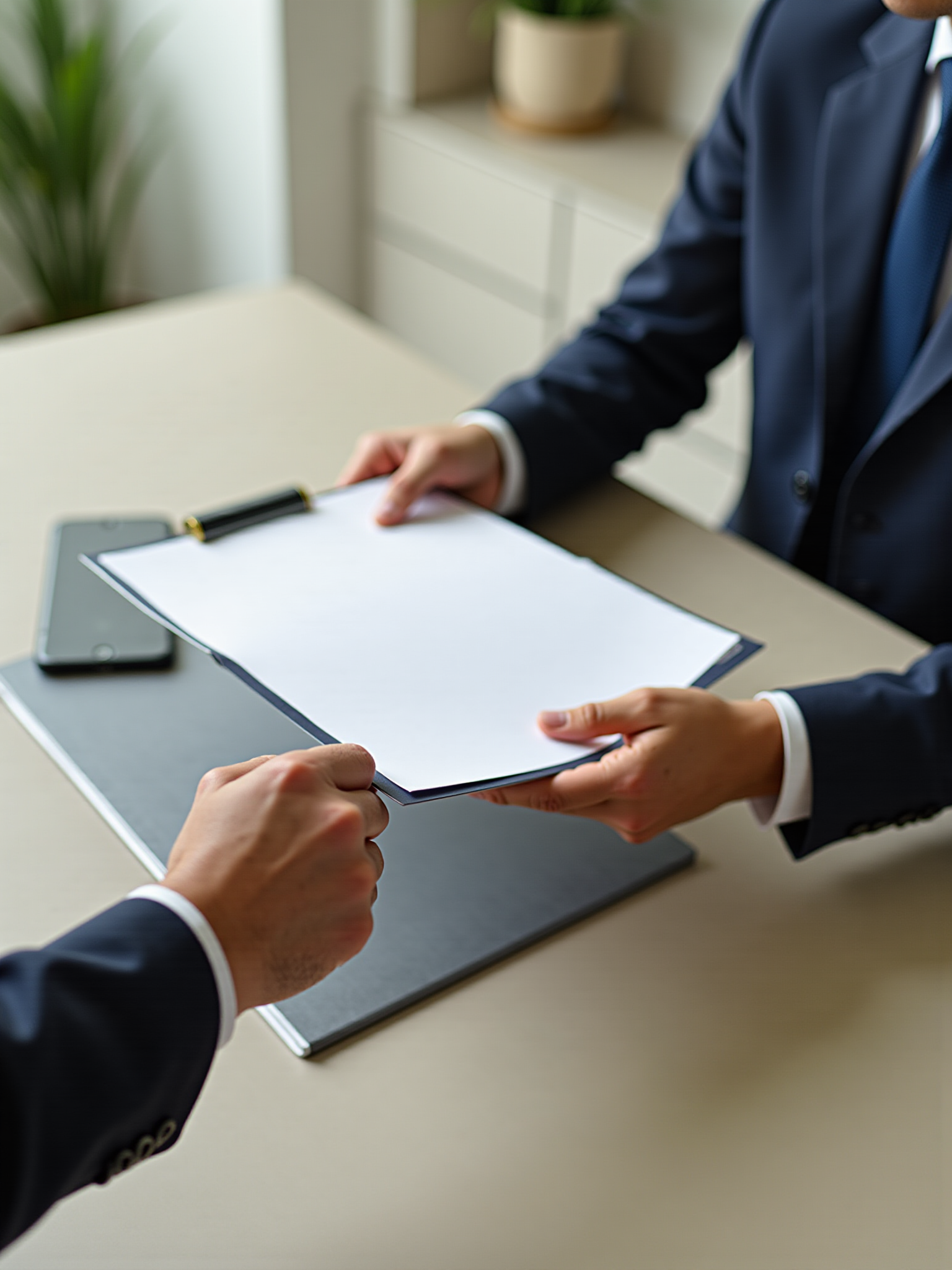 Two professionals exchanging a document