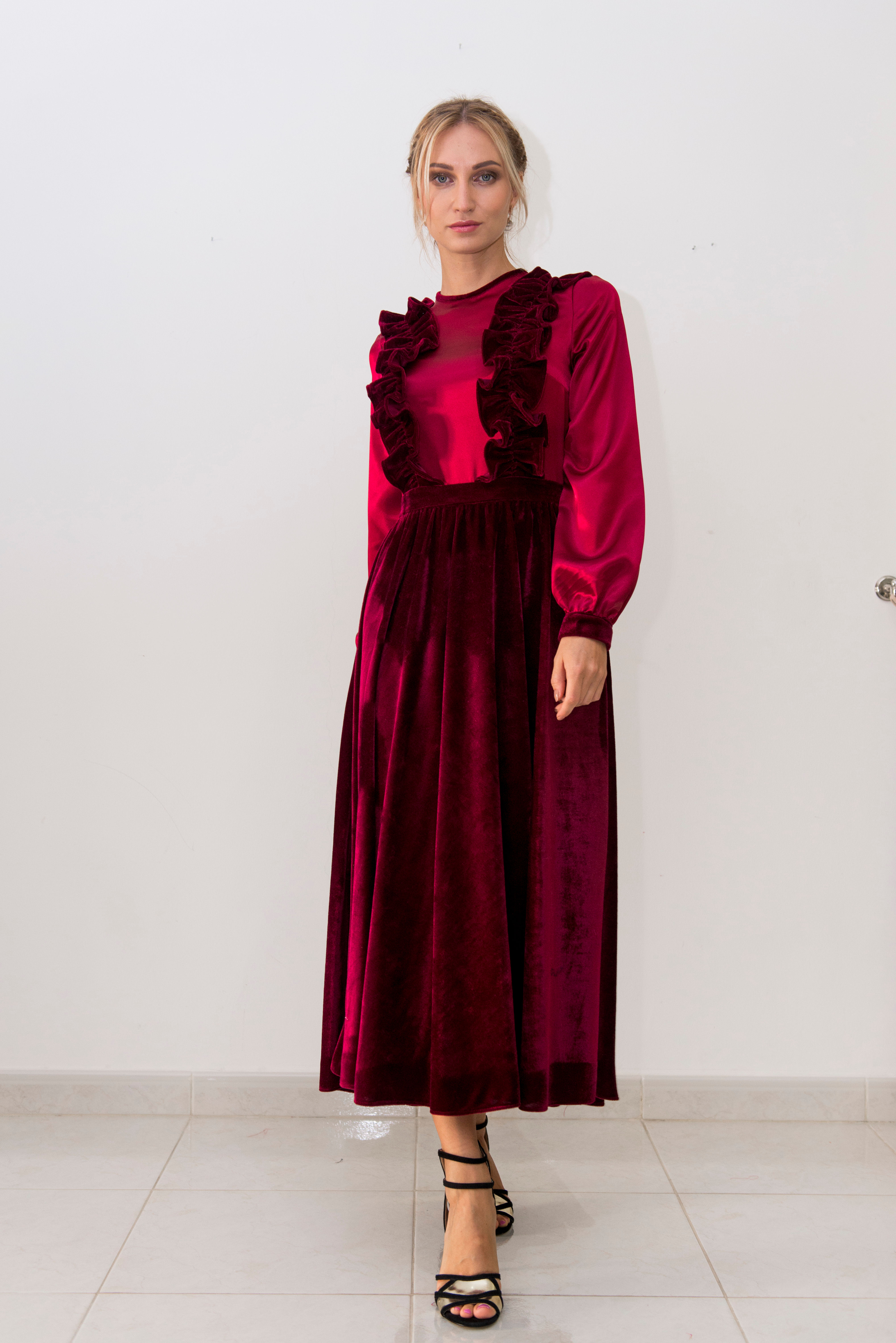 Ruffled satin-velvet dress