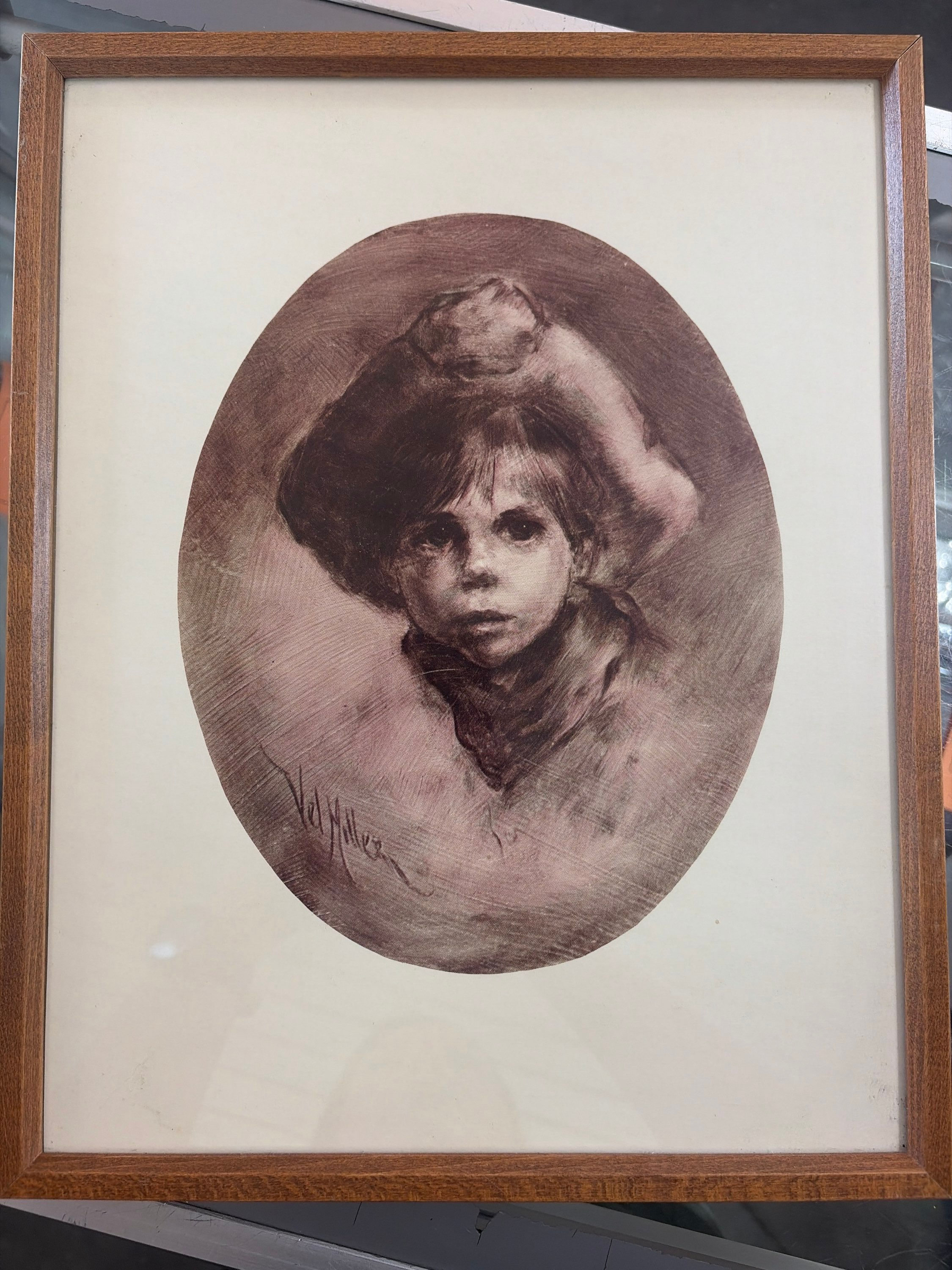 Tableau vintage encadré — Portrait d’enfant signé “Vel Miller”