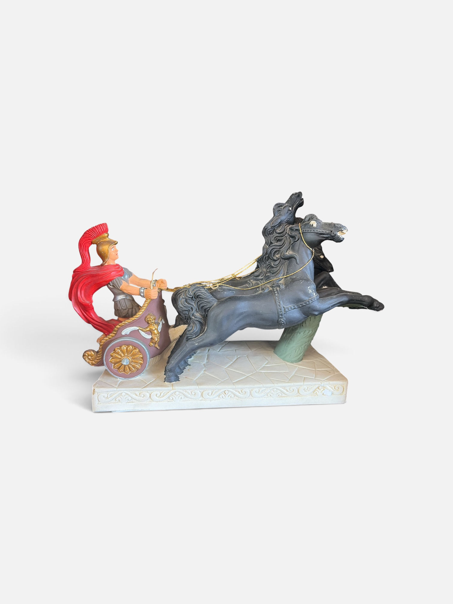 Sculpture décorative — Char romain (bige) tiré par deux chevaux, guerrier casqué