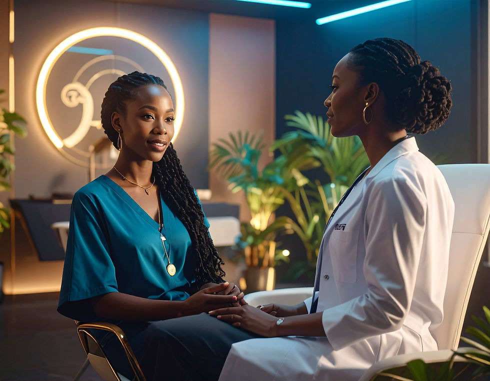 Firefly_Luxury afrofuturistic stress assessment room, portrait of a black woman talking wi