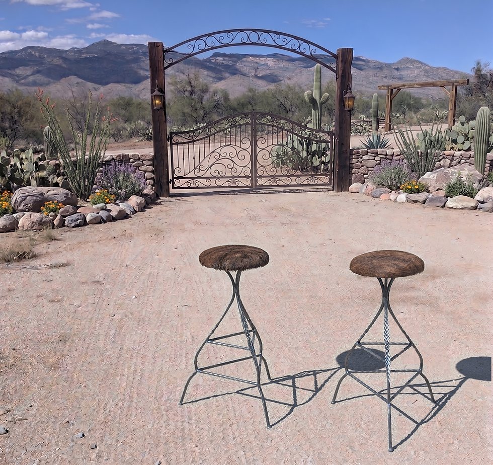 Thumbnail: Handmade forged steel cowhide bar stools in an Arizona western setting.