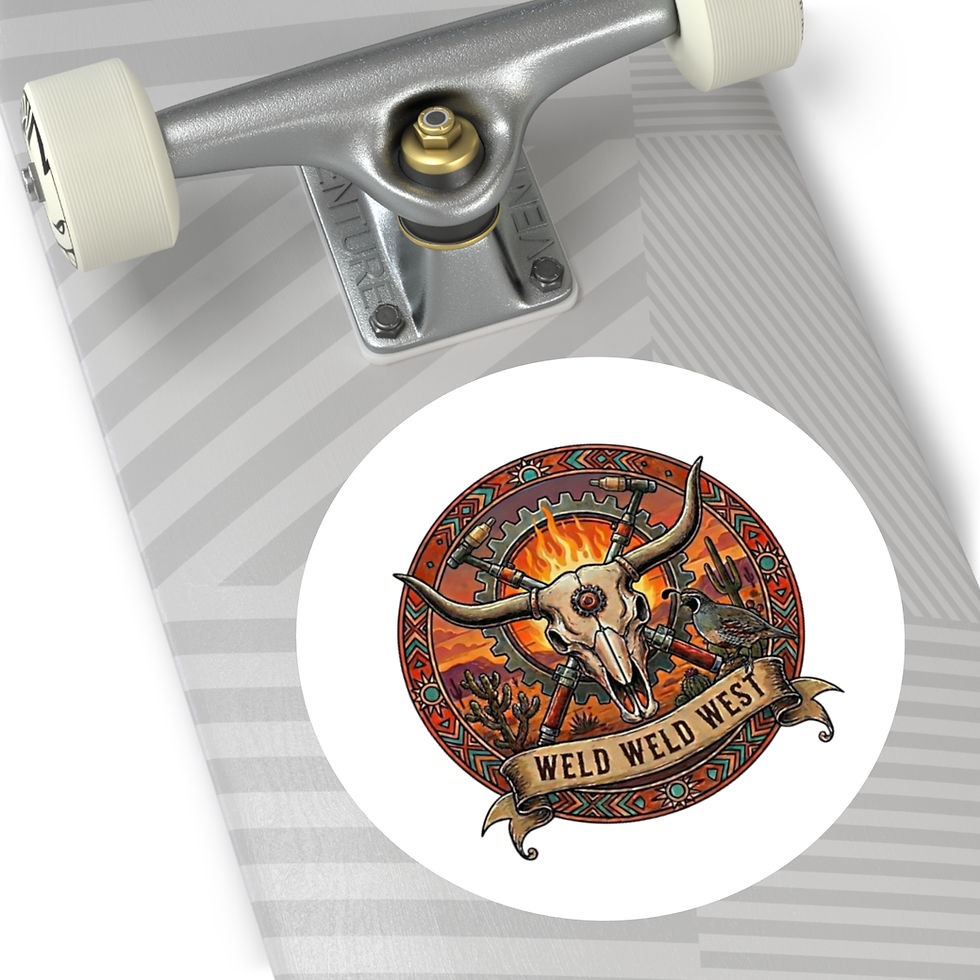 Thumbnail: Weld Weld West Round Sticker — Western Skull & Desert Emblem