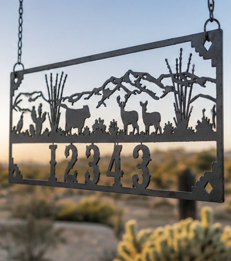 Thumbnail: Custom CNC plasma cut steel sign featuring a personalized desert landscape and address number.