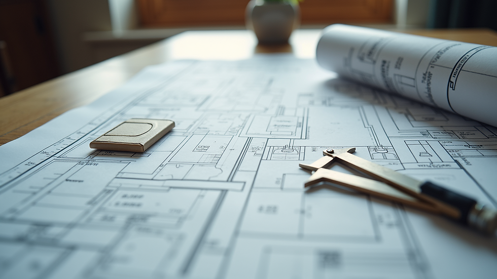 High angle view of architectural blueprints and measuring tools on a desk