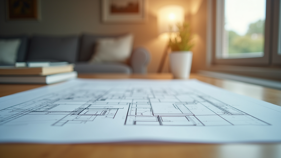 Eye-level view of modern architectural blueprint on a wooden table