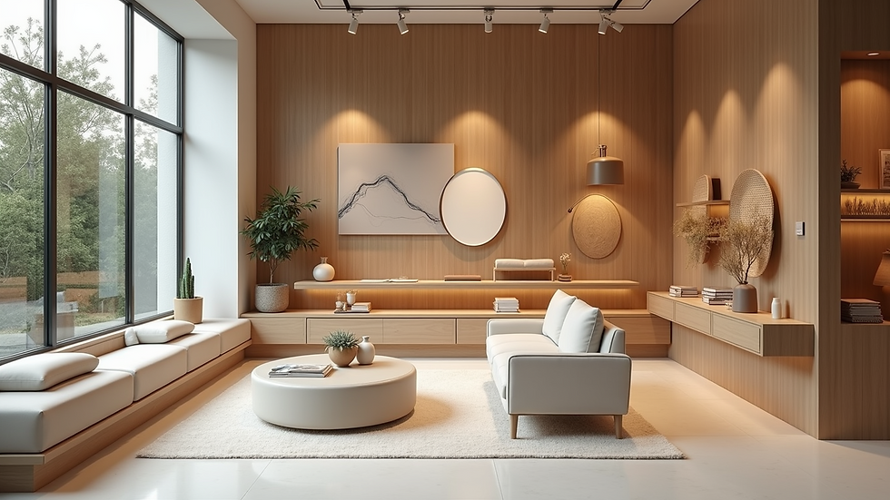 Eye-level view of a modern minimalist retail store interior with natural accents