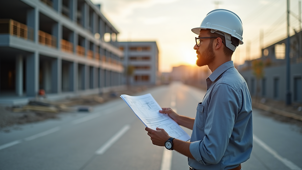 Wide angle view of architect reviewing blueprints on site