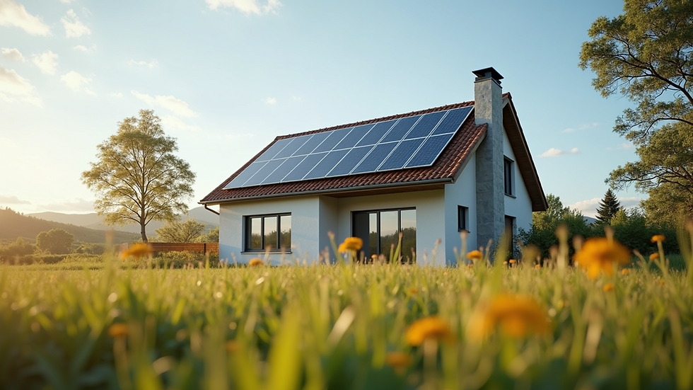 Eye-level view of modern sustainable home with solar panels on the roof