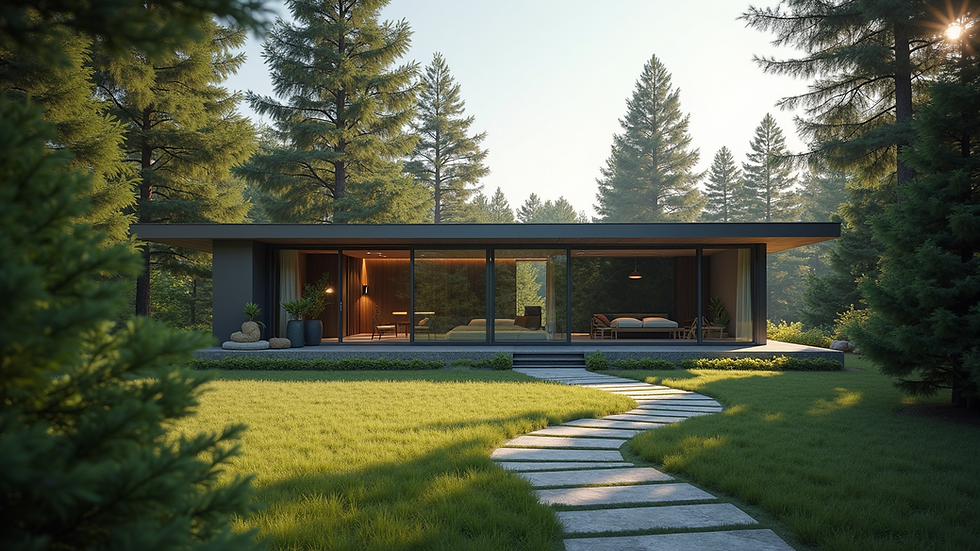 Eye-level view of a modern sustainable villa surrounded by evergreen trees