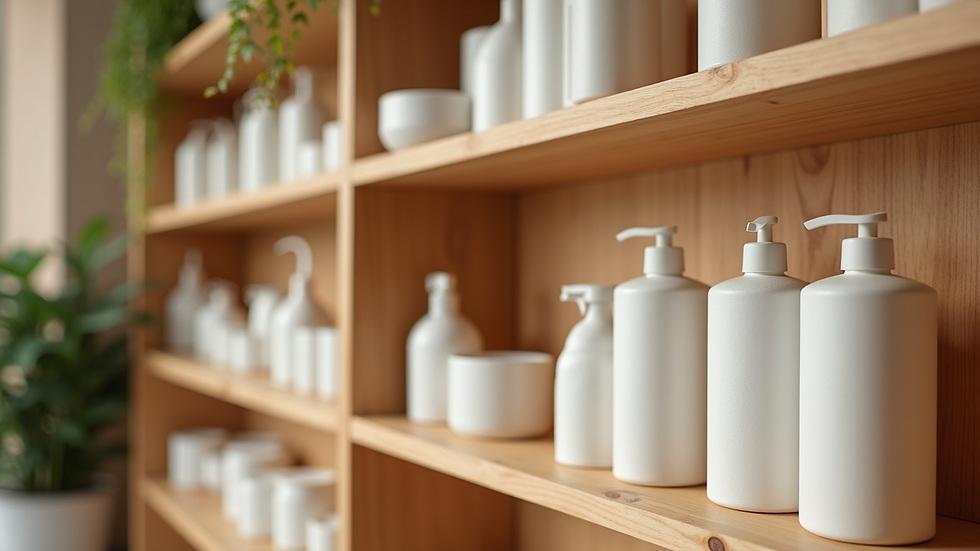 Close-up view of a minimalist product display with natural wood shelves