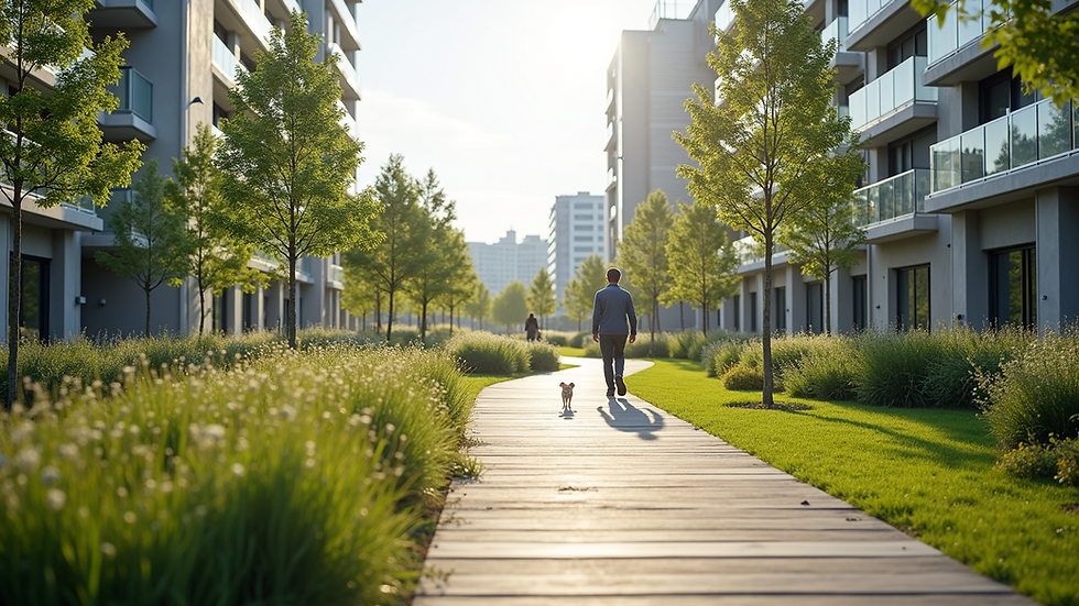 Eye-level view of a modern community park with walking paths and green spaces