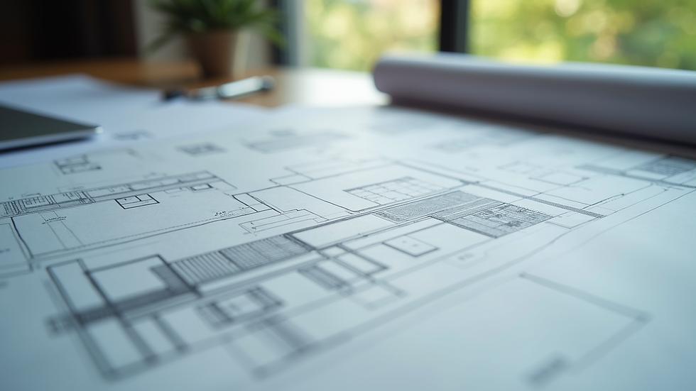 Close-up view of architectural blueprints and design sketches on a table