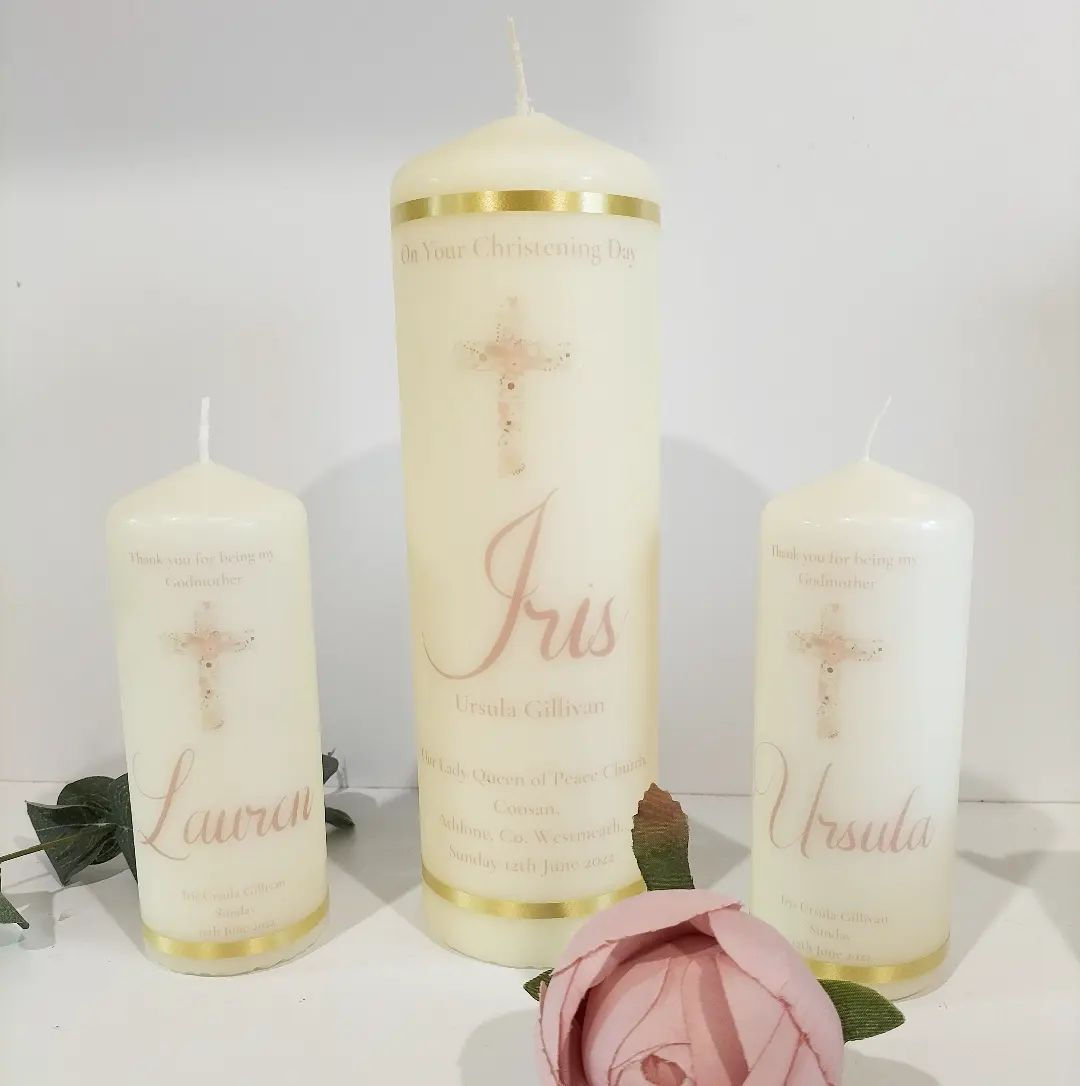 Pink Cross Photo Christening Candle + Godparents candles ©️
