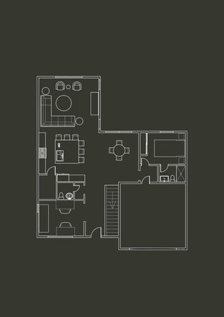 Floor plan with furniture layout on dark background.