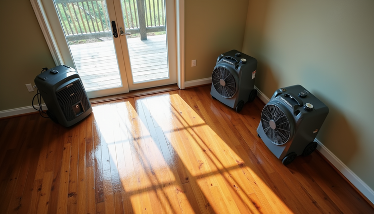 High angle view of drying hardwood floor with fans and dehumidifiers after flooding