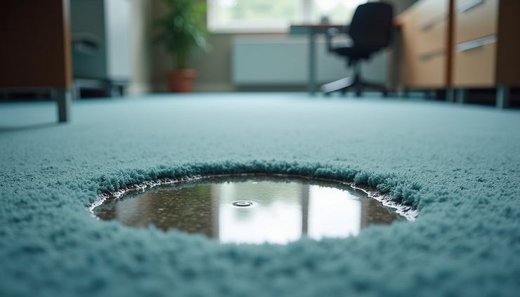 Close-up view of water stain on office carpet