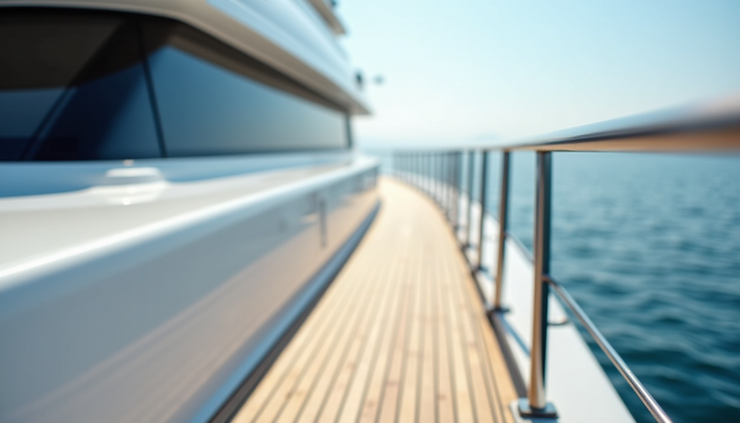 Close-up view of a luxury yacht’s polished deck and railing