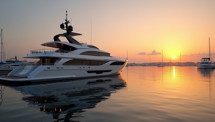 Eye-level view of a luxury yacht docked at a marina during sunset