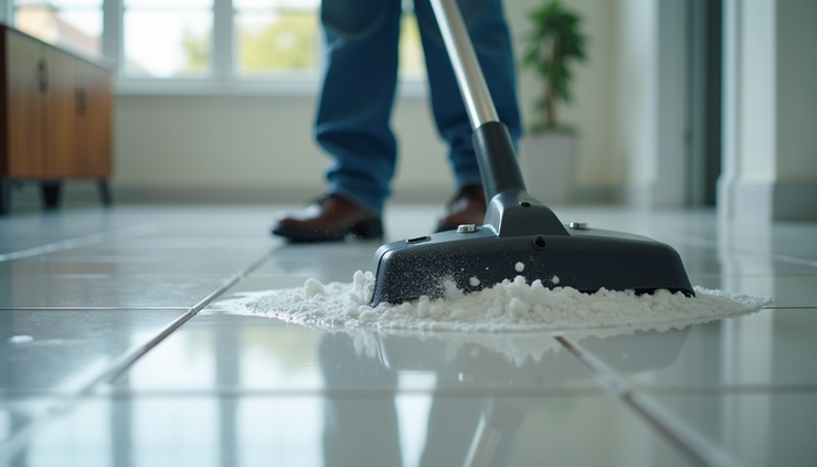 Close-up view of professional floor cleaner using equipment on tile floor