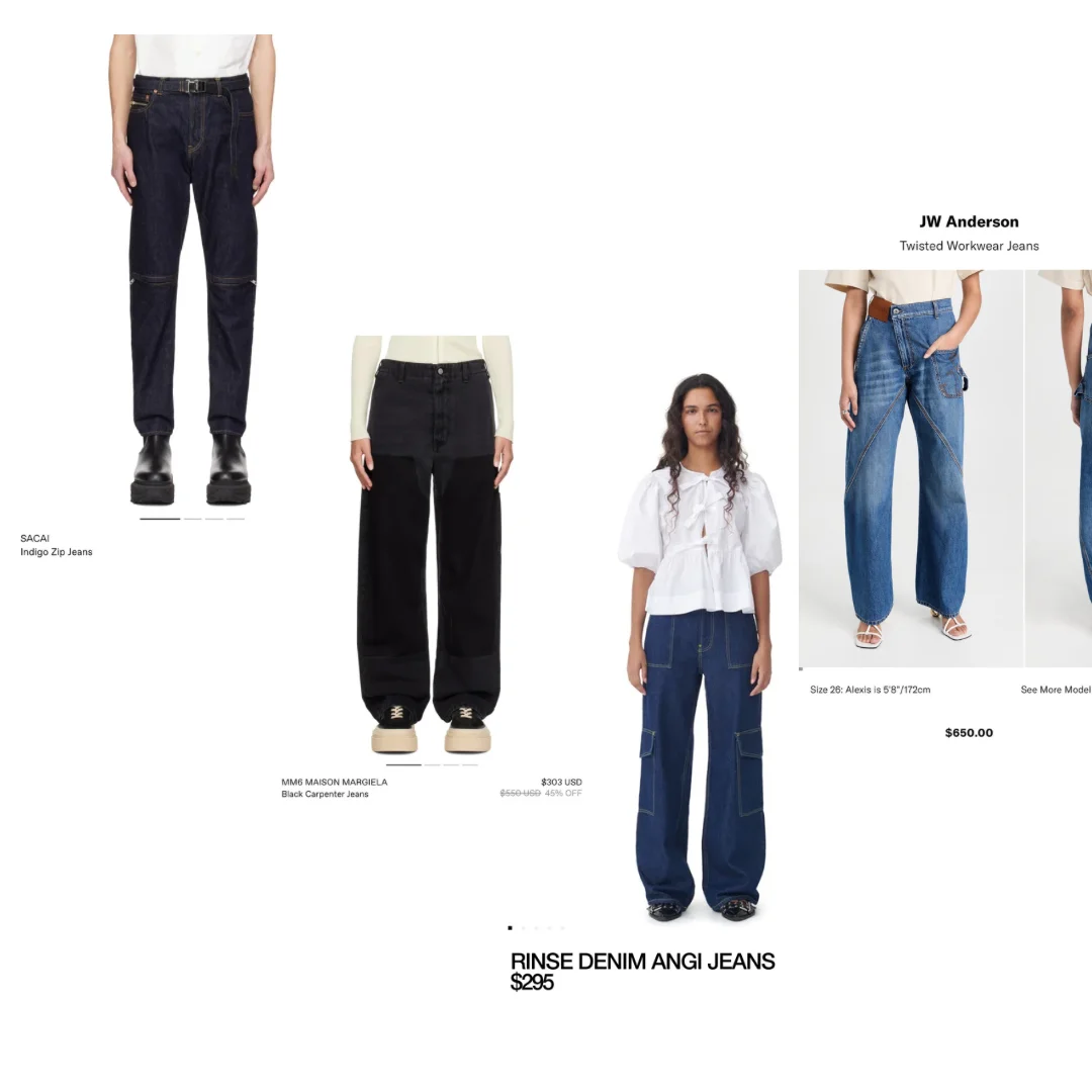 Variety of luxury workwear jeans by JW Anderson and Sacai featured with unique design elements on an online fashion store page.