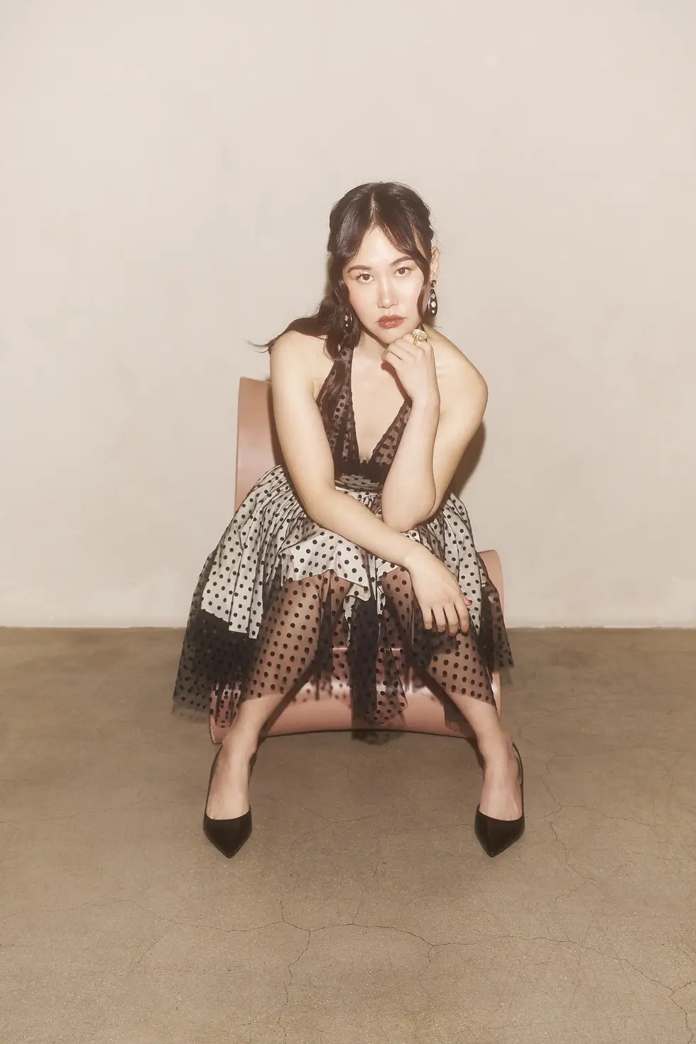 Dress: Tae Park, Shoes: Michael Kors, Earrings: Lizzie Fortunato, Ring: Cristina Sabatini.
