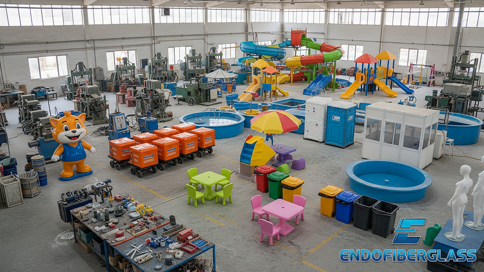 Eye-level view of fiberglass production workshop with machinery