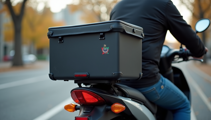 Tampilan depan box motor delivery fiberglass dengan desain custom logo usaha kuliner