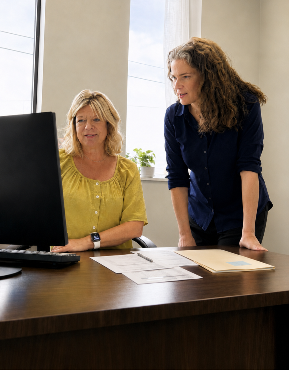 Agents at an insurance agency in Marion Ohio review files.