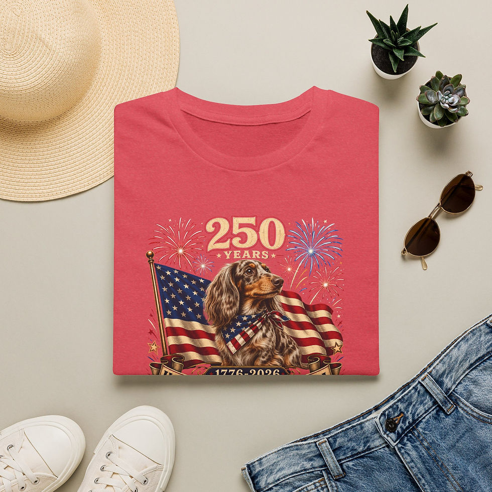 Thumbnail: T-Shirt — "250 Years" USA Long-haired Dacshund Flag Fireworks