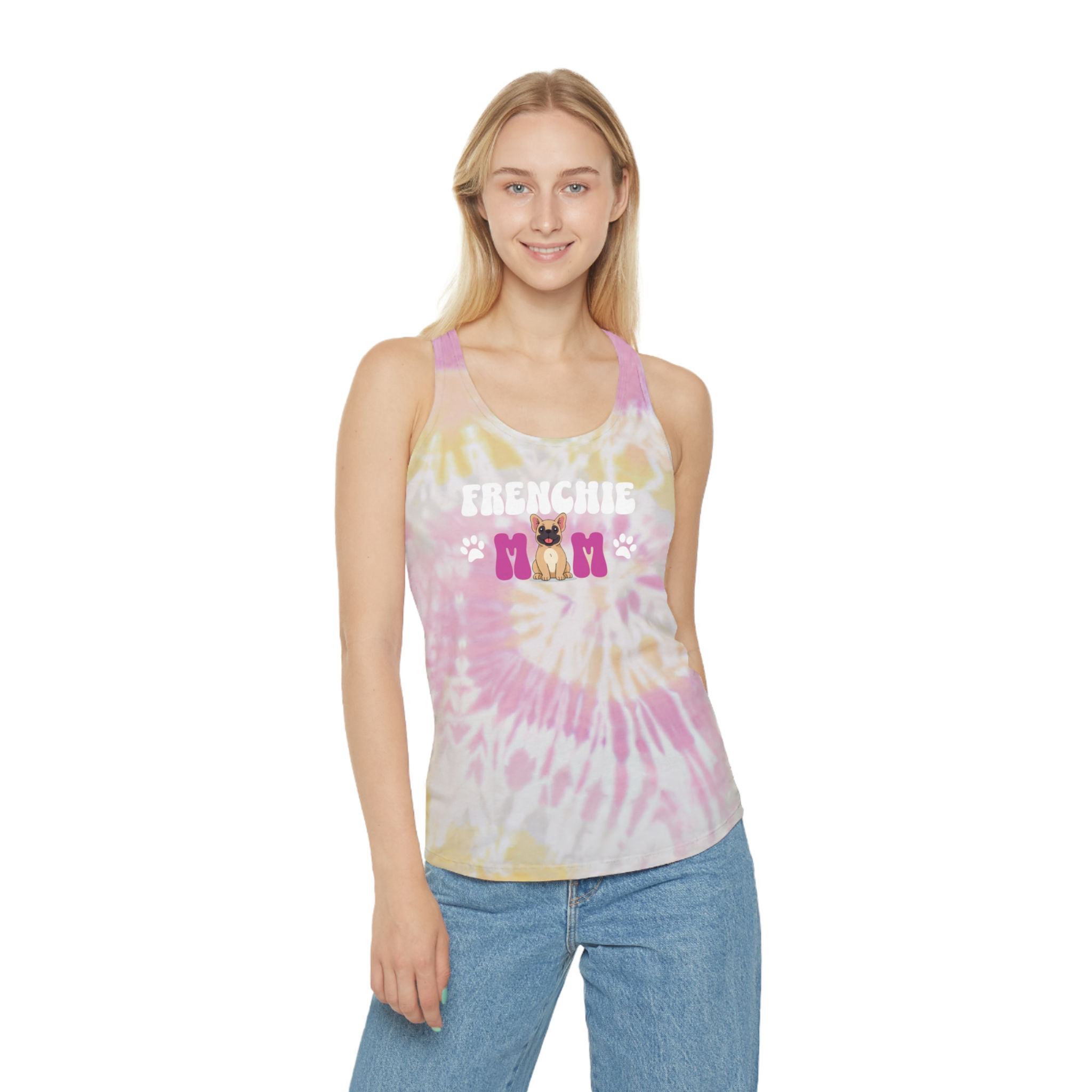 Frenchie Mom Tie Dye Racerback Tank Top, Women's Summer Apparel